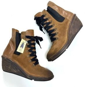 New Fly London Suzu Suede Lace Up Moto Biker Riding Wedge Boots Tan Size 38